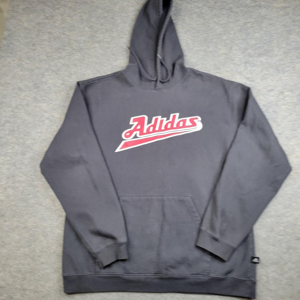 Adidas Hoodie Men XL Gray Fleece Pullover Sweatshirt Script Logo Graphic Vtg Y2K